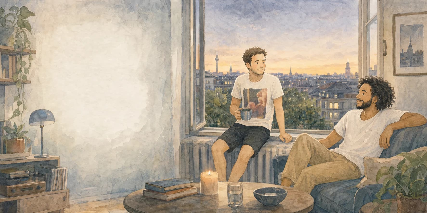 Felix and Konstantin together at sunset in an illustrated Berlin apartment